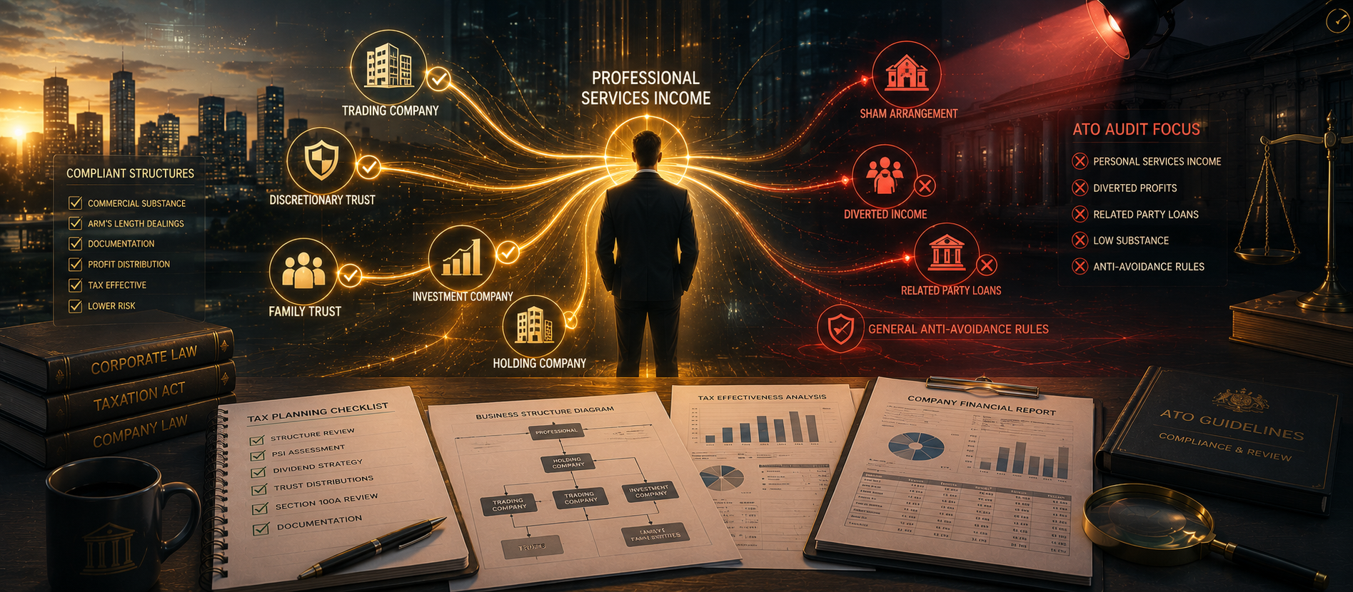 Business owner reviewing personal services income arrangements and tax compliance